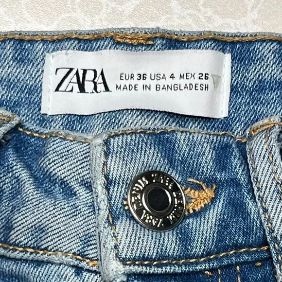 ZARA High Rise Shorts Denim Jean Blue Ripped Size 4 - Picture 3 of 7